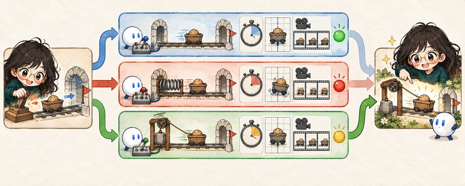 Hand-drawn diagram: three prototype variants with timers and recordings converge on one choice